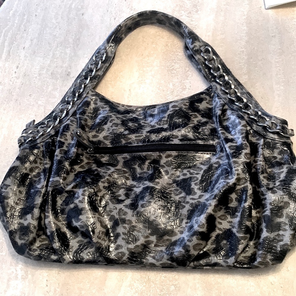 ALDO black/grey leopard bag, top handles, chains. faux leather, zip, pocket. EUC - Picture 7 of 17